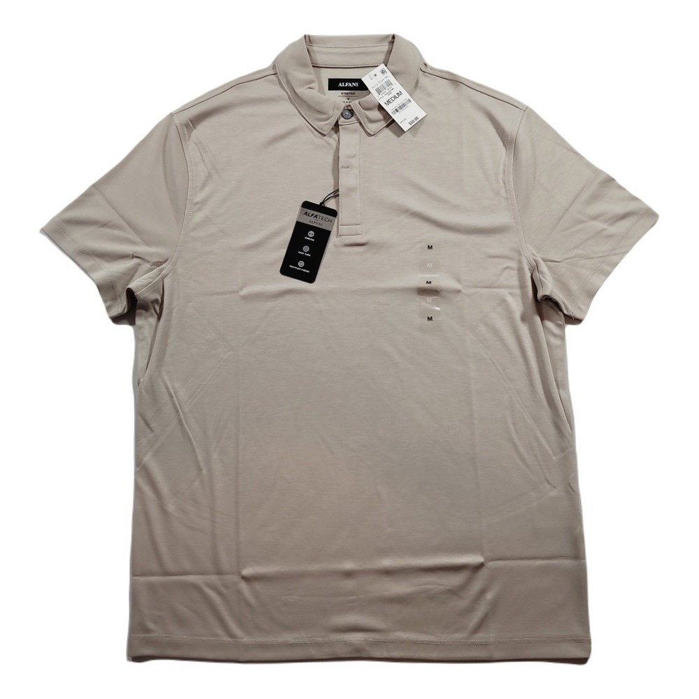 Alfani Short Sleeve Polo Shirt Mens Small Button Sand Tan Solid $50 NEW
